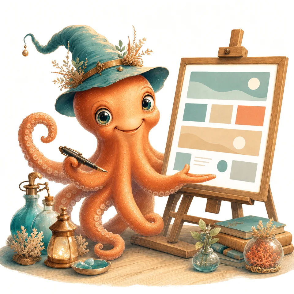 Inky, the InkySites octopus, presenting a freshly redesigned website on an easel